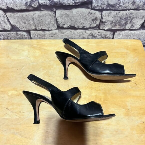Ann Marino Black Peep Toe Slingback Leather Heels Size 6.5 - Picture 3 of 6
